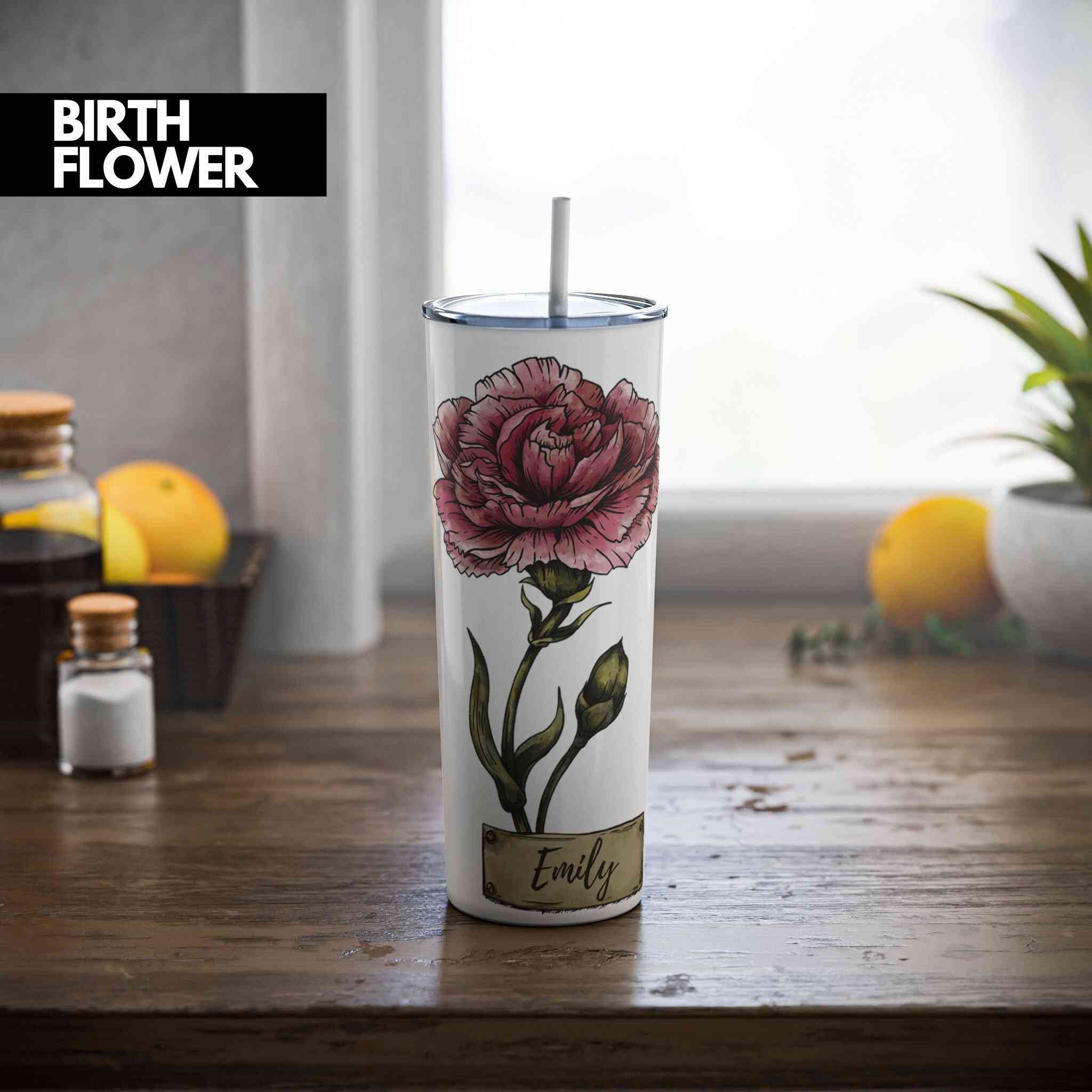 Personalized Skinny Tumbler With Name, Birth Flower Gifts, Birth Flower Cup, Birth Flower Gifts
