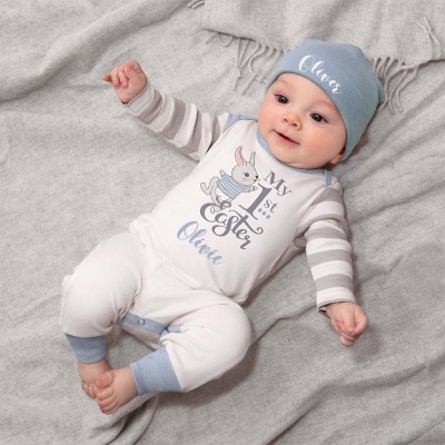 🎁Free Personalization🎁Baby Boy Easter Outfit, My 1st Easter Bunny Baby Romper in Blue & Grey