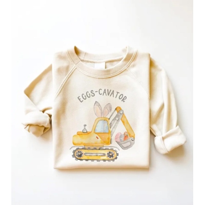 Boys Easter Kids Sweatshirt - Eggs-Cavator Boys Toddler Pullover - Funny Easter Tee - Natural Kids Crew Neck