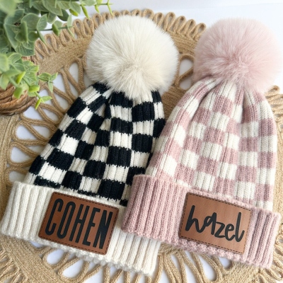 Checkered Baby Beanie | Personalized Name Toddler Hats | Knit Hat with Name Baby Name | Hats Infant Toddler Hat | Baby Shower Gifts